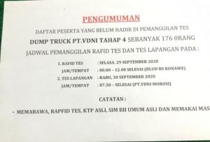 Ini Daftar Calon TKL Devisi Dump Truck VDNi Tahap 4 Yang Belum Hadir Memenuhi Panggilan Tes