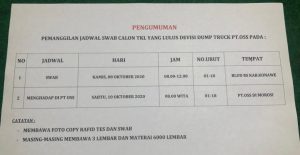 Ini Jadwal Pemanggilan Swab Devisi Dump Truck PT. OSS Terbaru