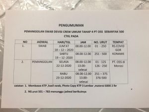 Pemanggilan Swab CTKL Devisi Crew Umum PT OSS